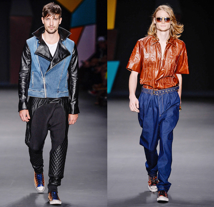 Amapô Brazil 2014 Winter Southern Hemisphere Mens Runway Collection - São Paulo Fashion Week Brazil - Inverno 2014 Homens Desfiles - High Streetwear Full Denim on Denim Jeans Motorcycle Biker Rider Panels Quilted Padding Furry Cow Multi-Panel Sweater Coat Cape Cloak Hanging Sleeve