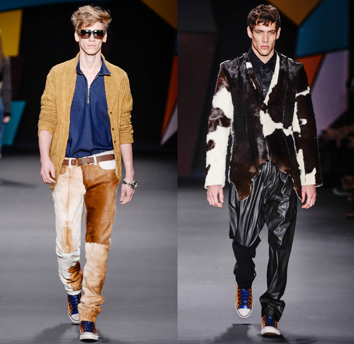 Amapô Brazil 2014 Winter Southern Hemisphere Mens Runway Collection - São Paulo Fashion Week Brazil - Inverno 2014 Homens Desfiles - High Streetwear Full Denim on Denim Jeans Motorcycle Biker Rider Panels Quilted Padding Furry Cow Multi-Panel Sweater Coat Cape Cloak Hanging Sleeve