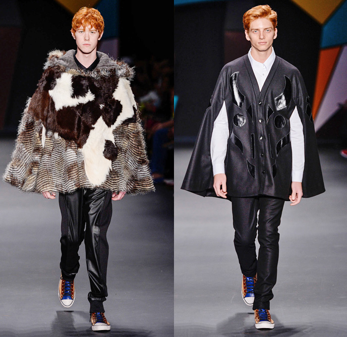 Amapô Brazil 2014 Winter Southern Hemisphere Mens Runway Collection - São Paulo Fashion Week Brazil - Inverno 2014 Homens Desfiles - High Streetwear Full Denim on Denim Jeans Motorcycle Biker Rider Panels Quilted Padding Furry Cow Multi-Panel Sweater Coat Cape Cloak Hanging Sleeve