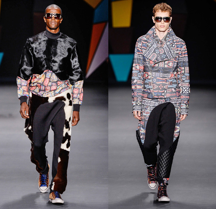 Amapô Brazil 2014 Winter Southern Hemisphere Mens Runway Collection - São Paulo Fashion Week Brazil - Inverno 2014 Homens Desfiles - High Streetwear Full Denim on Denim Jeans Motorcycle Biker Rider Panels Quilted Padding Furry Cow Multi-Panel Sweater Coat Cape Cloak Hanging Sleeve