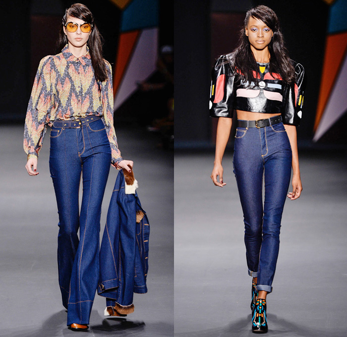 Amapô Brazil 2014 Winter Southern Hemisphere Womens Runway Collection - São Paulo Fashion Week Brazil - Inverno 2014 Mulheres Desfiles - Retro Seventies Flare Wide Leg Denim Jeans Crop Top Midriff Furry Cow Multi-Panel Jewels Flowers Leather Ornamental Abstract Prints