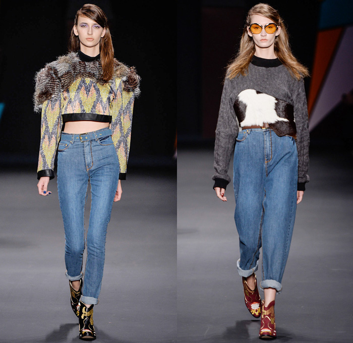 Amapô Brazil 2014 Winter Southern Hemisphere Womens Runway Collection - São Paulo Fashion Week Brazil - Inverno 2014 Mulheres Desfiles - Retro Seventies Flare Wide Leg Denim Jeans Crop Top Midriff Furry Cow Multi-Panel Jewels Flowers Leather Ornamental Abstract Prints