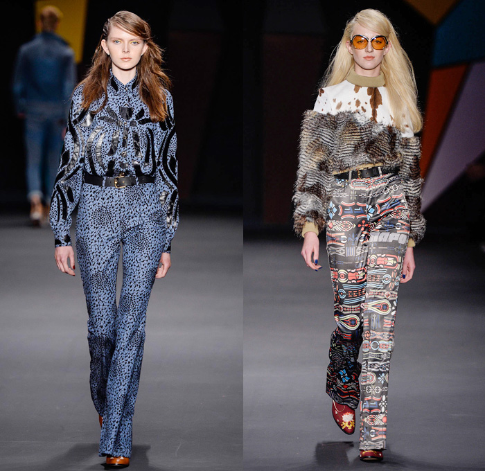 Amapô Brazil 2014 Winter Southern Hemisphere Womens Runway Collection - São Paulo Fashion Week Brazil - Inverno 2014 Mulheres Desfiles - Retro Seventies Flare Wide Leg Denim Jeans Crop Top Midriff Furry Cow Multi-Panel Jewels Flowers Leather Ornamental Abstract Prints