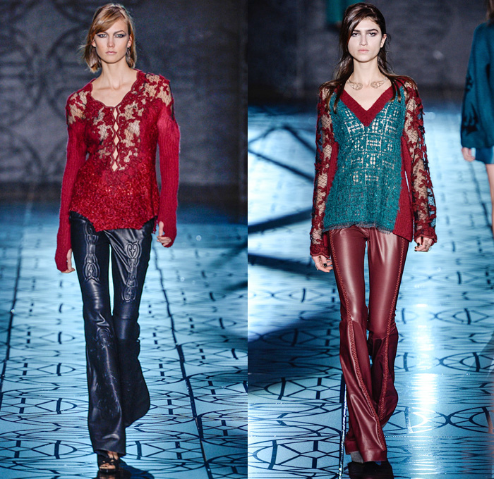Animale 2014 Winter Runway Collection - São Paulo Fashion Week Brazil - Inverno 2014 Mulheres Desfiles - Celtic Mystique - Intricate Lace Tulle Sheer Peek-A-Boo Fabrics Embroidery Wool Knitwear Embossed Engraved Leather Multi-Panel Outerwear Coats Jackets