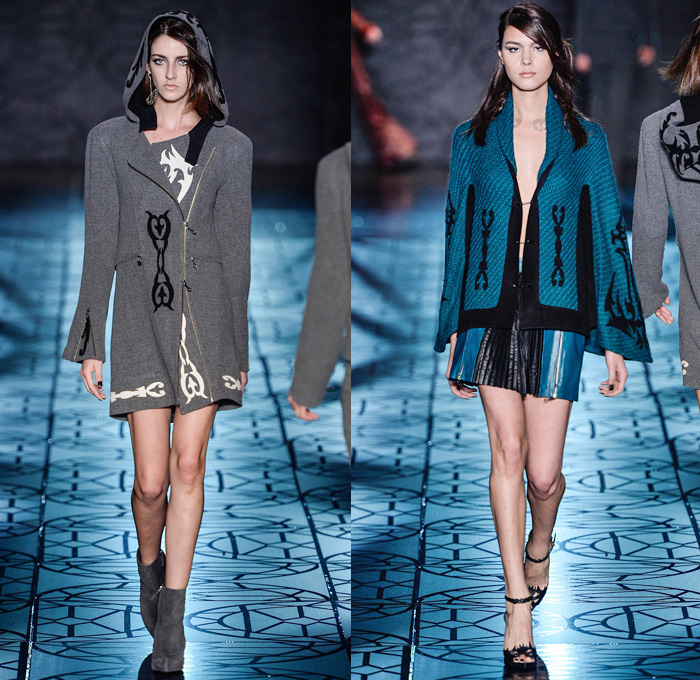 Animale 2014 Winter Runway Collection - São Paulo Fashion Week Brazil - Inverno 2014 Mulheres Desfiles - Celtic Mystique - Intricate Lace Tulle Sheer Peek-A-Boo Fabrics Embroidery Wool Knitwear Embossed Engraved Leather Multi-Panel Outerwear Coats Jackets