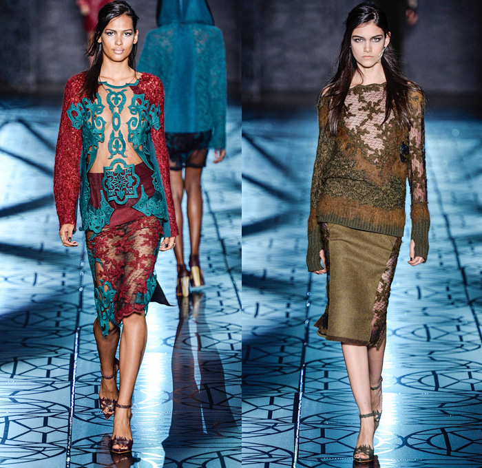 Animale 2014 Winter Runway Collection - São Paulo Fashion Week Brazil - Inverno 2014 Mulheres Desfiles - Celtic Mystique - Intricate Lace Tulle Sheer Peek-A-Boo Fabrics Embroidery Wool Knitwear Embossed Engraved Leather Multi-Panel Outerwear Coats Jackets