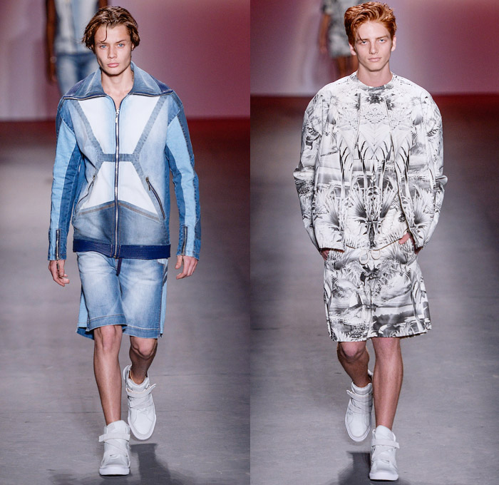 Coca-Cola Clothing 2014 Winter Southern Hemisphere Mens Runway Collection - Fashion Rio Brazil Moda Brasileira - Inverno 2014 Homens Desfiles - Sporty Streetwear Denim Jeans Patchwork Tropical Leaves Foliage Motif Peek-A-Boo Mesh Bomber Quilted Jacket