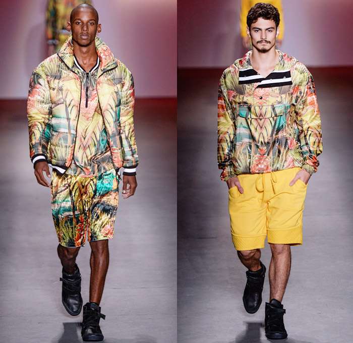 Coca-Cola Clothing 2014 Winter Southern Hemisphere Mens Runway Collection - Fashion Rio Brazil Moda Brasileira - Inverno 2014 Homens Desfiles - Sporty Streetwear Denim Jeans Patchwork Tropical Leaves Foliage Motif Peek-A-Boo Mesh Bomber Quilted Jacket