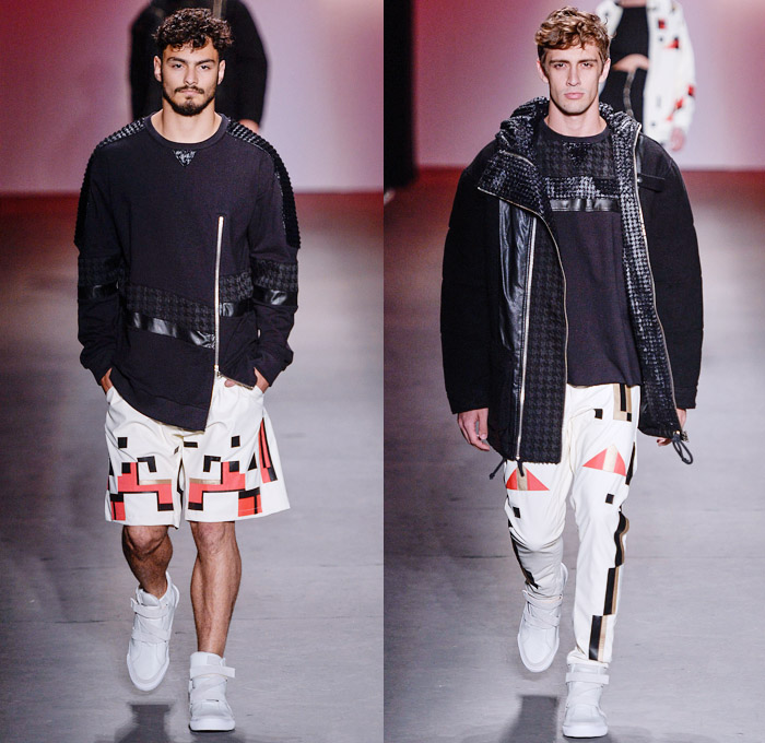 Coca-Cola Clothing 2014 Winter Southern Hemisphere Mens Runway Collection - Fashion Rio Brazil Moda Brasileira - Inverno 2014 Homens Desfiles - Sporty Streetwear Denim Jeans Patchwork Tropical Leaves Foliage Motif Peek-A-Boo Mesh Bomber Quilted Jacket