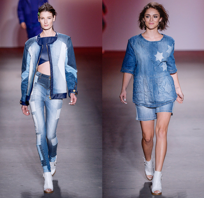 Coca-Cola Clothing 2014 Winter Southern Hemisphere Womens Runway Collection - Fashion Rio Brazil Moda Brasileira - Inverno 2014 Mulheres Desfiles - Sporty Streetwear Denim Jeans Patchwork Tropical Leaves Foliage Motif Peek-A-Boo Mesh Bomber Jacket Culottes Palazzo Pants Gauchos