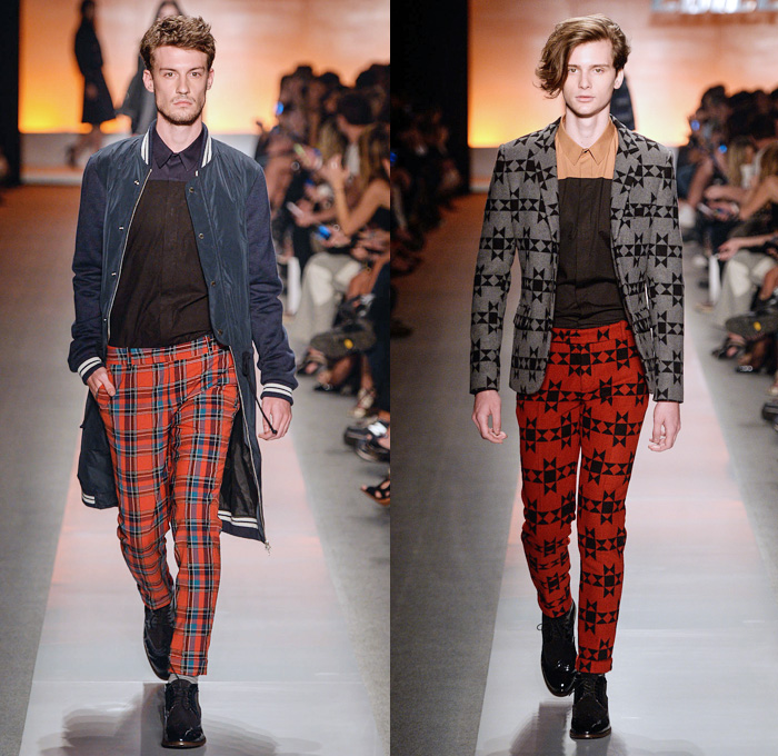 Colcci 2014 Winter Southern Hemisphere Mens Runway Collection - São Paulo Fashion Week Brazil - Inverno 2014 Homens Desfiles - Denim Jeans Multi-Panel Blazer Checks Plaid Tartan Preppy Stripes Color Block Eight Pointed Star Motorcycle Biker Jacket Coat Rainwear