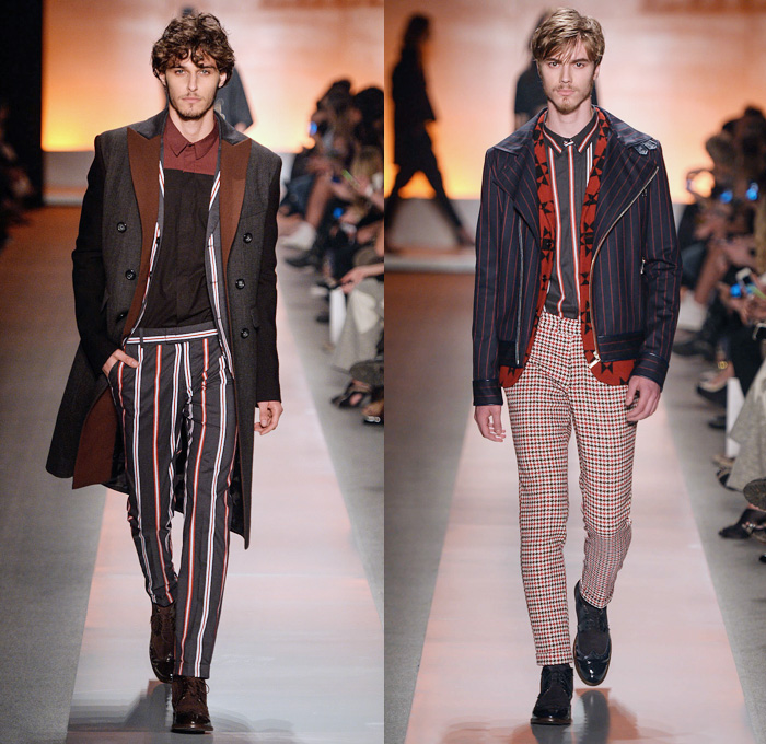 Colcci 2014 Winter Southern Hemisphere Mens Runway Collection - São Paulo Fashion Week Brazil - Inverno 2014 Homens Desfiles - Denim Jeans Multi-Panel Blazer Checks Plaid Tartan Preppy Stripes Color Block Eight Pointed Star Motorcycle Biker Jacket Coat Rainwear