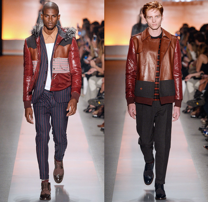 Colcci 2014 Winter Southern Hemisphere Mens Runway Collection - São Paulo Fashion Week Brazil - Inverno 2014 Homens Desfiles - Denim Jeans Multi-Panel Blazer Checks Plaid Tartan Preppy Stripes Color Block Eight Pointed Star Motorcycle Biker Jacket Coat Rainwear