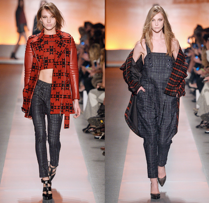 Colcci 2014 Winter Southern Hemisphere Womens Runway Collection - São Paulo Fashion Week Brazil - Inverno 2014 Mulheres Desfiles - Dark Wash Denim Jeans Sporty Sweatpants Crop Top Midriff Bandeau Houndstooth Sawtooth Racing Checks Plaids Tartan Handkerchief Hem Eight Pointed Star