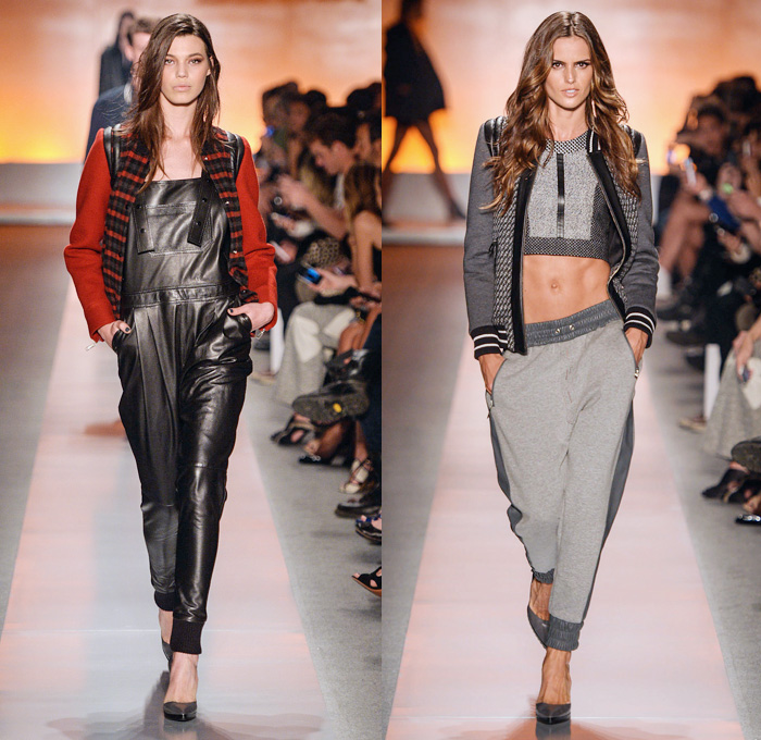 Colcci 2014 Winter Southern Hemisphere Womens Runway Collection - São Paulo Fashion Week Brazil - Inverno 2014 Mulheres Desfiles - Dark Wash Denim Jeans Sporty Sweatpants Crop Top Midriff Bandeau Houndstooth Sawtooth Racing Checks Plaids Tartan Handkerchief Hem Eight Pointed Star