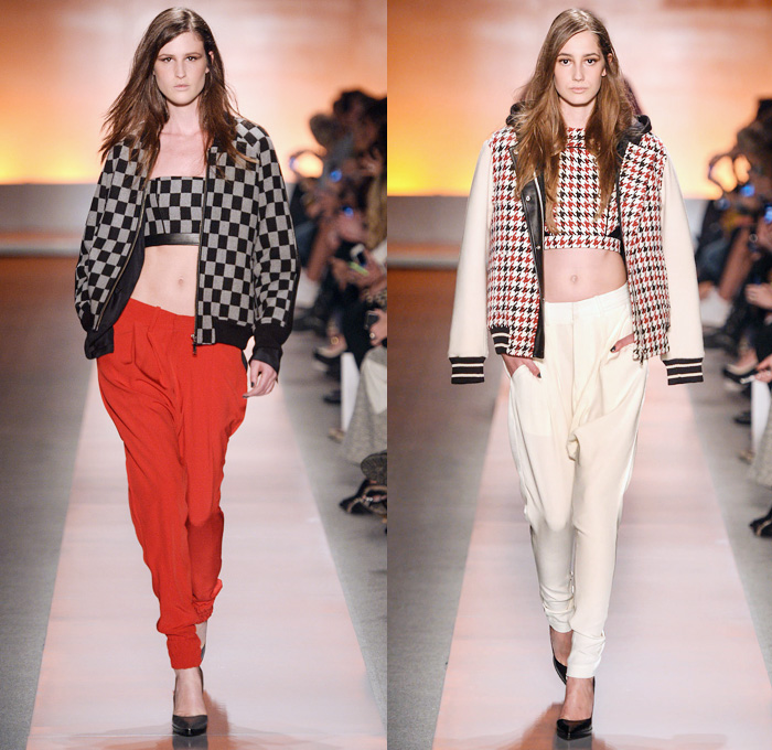 Colcci 2014 Winter Southern Hemisphere Womens Runway Collection - São Paulo Fashion Week Brazil - Inverno 2014 Mulheres Desfiles - Dark Wash Denim Jeans Sporty Sweatpants Crop Top Midriff Bandeau Houndstooth Sawtooth Racing Checks Plaids Tartan Handkerchief Hem Eight Pointed Star