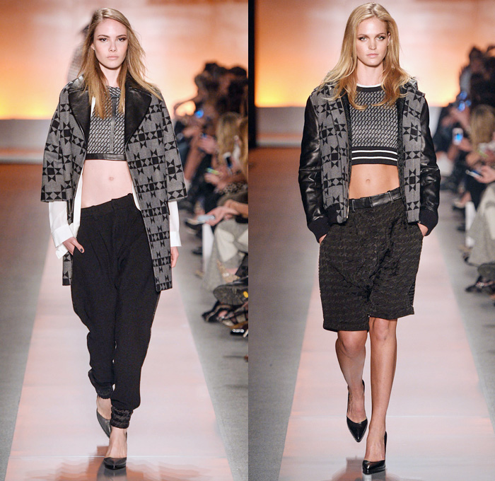 Colcci 2014 Winter Southern Hemisphere Womens Runway Collection - São Paulo Fashion Week Brazil - Inverno 2014 Mulheres Desfiles - Dark Wash Denim Jeans Sporty Sweatpants Crop Top Midriff Bandeau Houndstooth Sawtooth Racing Checks Plaids Tartan Handkerchief Hem Eight Pointed Star