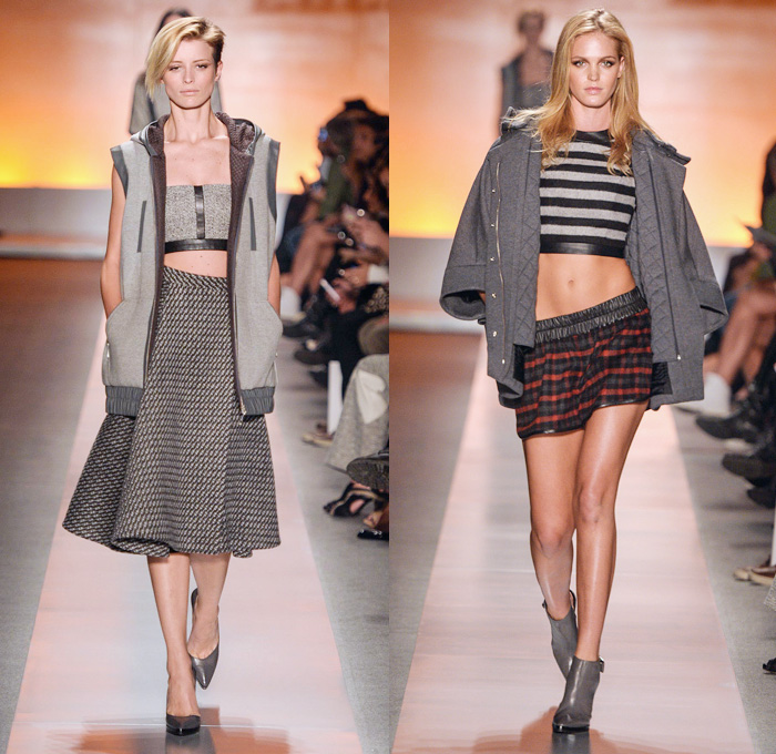 Colcci 2014 Winter Southern Hemisphere Womens Runway Collection - São Paulo Fashion Week Brazil - Inverno 2014 Mulheres Desfiles - Dark Wash Denim Jeans Sporty Sweatpants Crop Top Midriff Bandeau Houndstooth Sawtooth Racing Checks Plaids Tartan Handkerchief Hem Eight Pointed Star