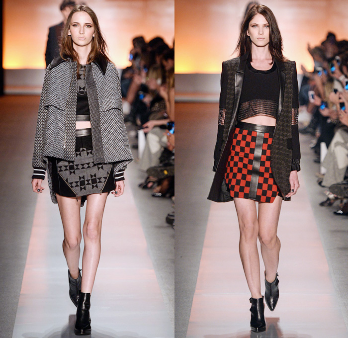 Colcci 2014 Winter Southern Hemisphere Womens Runway Collection - São Paulo Fashion Week Brazil - Inverno 2014 Mulheres Desfiles - Dark Wash Denim Jeans Sporty Sweatpants Crop Top Midriff Bandeau Houndstooth Sawtooth Racing Checks Plaids Tartan Handkerchief Hem Eight Pointed Star