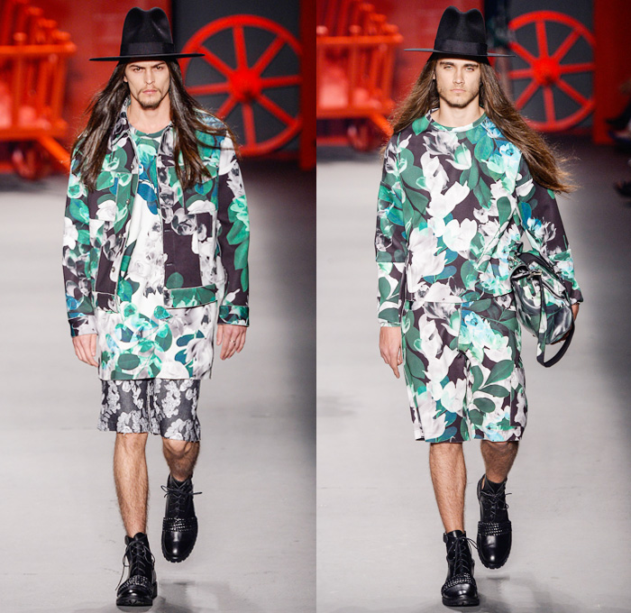 Ellus 2nd Floor 2014 Winter Southern Hemisphere Mens Runway Collection - Fashion Rio Brazil Moda Brasileira - Inverno 2014 Homens Desfiles - Amish Culture Denim Jeans Leaves Foliage Flowers Florals Print Motif Pattern Bib and Brace Jumpsuit Trucker Jacket Neoprene
