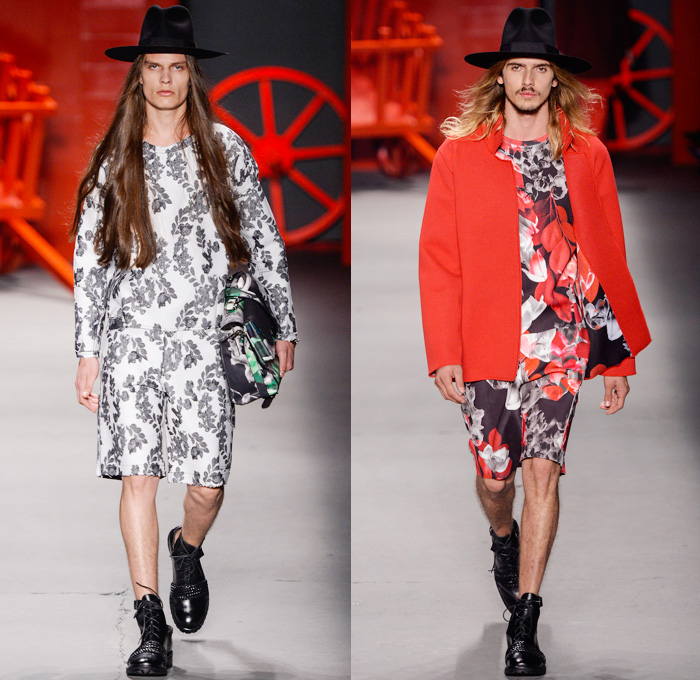 Ellus 2nd Floor 2014 Winter Southern Hemisphere Mens Runway Collection - Fashion Rio Brazil Moda Brasileira - Inverno 2014 Homens Desfiles - Amish Culture Denim Jeans Leaves Foliage Flowers Florals Print Motif Pattern Bib and Brace Jumpsuit Trucker Jacket Neoprene