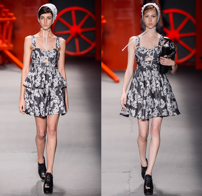Ellus 2nd Floor 2014 Winter Southern Hemisphere Womens Runway Collection - Fashion Rio Brazil Moda Brasileira - Inverno 2014 Mulheres Desfiles - Amish Culture Denim Jeans Leaves Foliage Flowers Florals Print Motif Pattern Bib and Brace Neoprene Ruffles Peplum