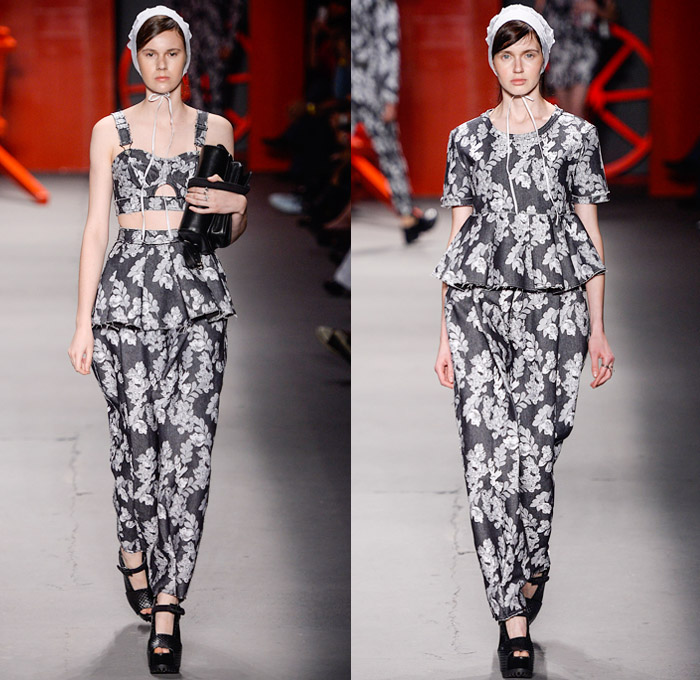 Ellus 2nd Floor 2014 Winter Southern Hemisphere Womens Runway Collection - Fashion Rio Brazil Moda Brasileira - Inverno 2014 Mulheres Desfiles - Amish Culture Denim Jeans Leaves Foliage Flowers Florals Print Motif Pattern Bib and Brace Neoprene Ruffles Peplum