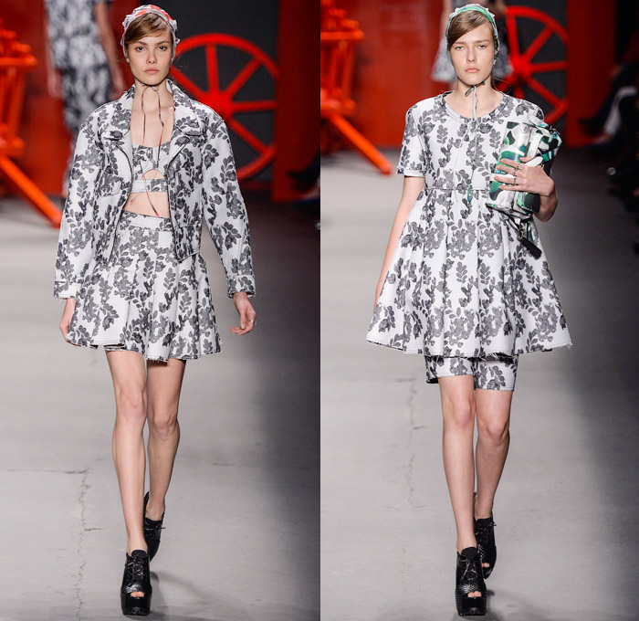 Ellus 2nd Floor 2014 Winter Southern Hemisphere Womens Runway Collection - Fashion Rio Brazil Moda Brasileira - Inverno 2014 Mulheres Desfiles - Amish Culture Denim Jeans Leaves Foliage Flowers Florals Print Motif Pattern Bib and Brace Neoprene Ruffles Peplum