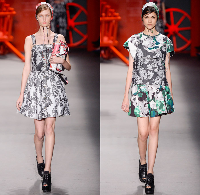 Ellus 2nd Floor 2014 Winter Southern Hemisphere Womens Runway Collection - Fashion Rio Brazil Moda Brasileira - Inverno 2014 Mulheres Desfiles - Amish Culture Denim Jeans Leaves Foliage Flowers Florals Print Motif Pattern Bib and Brace Neoprene Ruffles Peplum