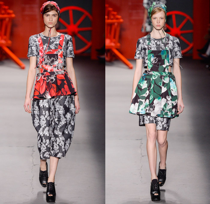Ellus 2nd Floor 2014 Winter Southern Hemisphere Womens Runway Collection - Fashion Rio Brazil Moda Brasileira - Inverno 2014 Mulheres Desfiles - Amish Culture Denim Jeans Leaves Foliage Flowers Florals Print Motif Pattern Bib and Brace Neoprene Ruffles Peplum
