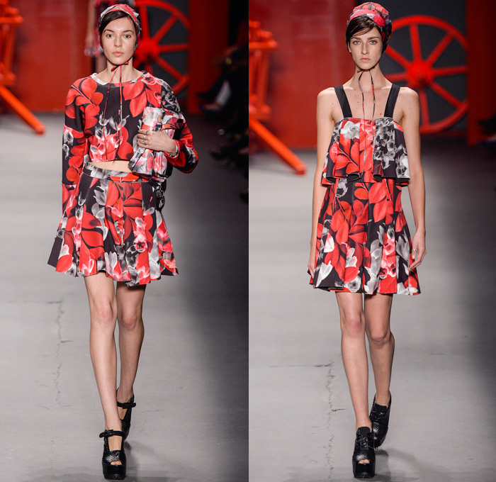 Ellus 2nd Floor 2014 Winter Southern Hemisphere Womens Runway Collection - Fashion Rio Brazil Moda Brasileira - Inverno 2014 Mulheres Desfiles - Amish Culture Denim Jeans Leaves Foliage Flowers Florals Print Motif Pattern Bib and Brace Neoprene Ruffles Peplum