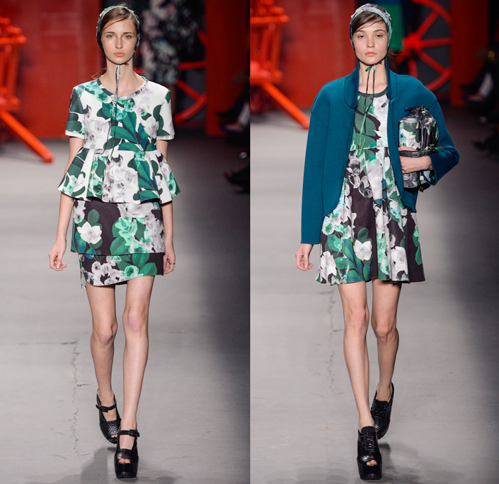 Ellus 2nd Floor 2014 Winter Southern Hemisphere Womens Runway Collection - Fashion Rio Brazil Moda Brasileira - Inverno 2014 Mulheres Desfiles - Amish Culture Denim Jeans Leaves Foliage Flowers Florals Print Motif Pattern Bib and Brace Neoprene Ruffles Peplum