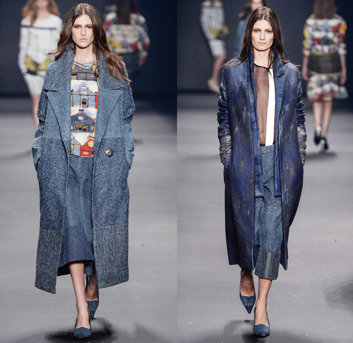 Forum 2014 Winter Womens Runway Collection - São Paulo Fashion Week Brazil - Inverno 2014 Mulheres Desfiles - Cityscape Illustrations Graphic Prints Treated Denim Oversized Outerwear Coats Embellishments Embroidery Dresses
