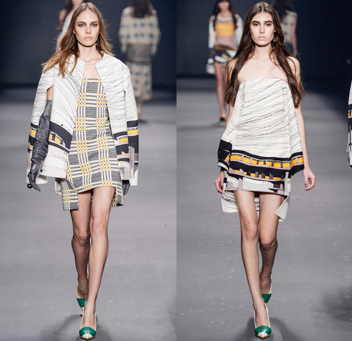 Forum 2014 Winter Womens Runway Collection - São Paulo Fashion Week Brazil - Inverno 2014 Mulheres Desfiles - Cityscape Illustrations Graphic Prints Treated Denim Oversized Outerwear Coats Embellishments Embroidery Dresses