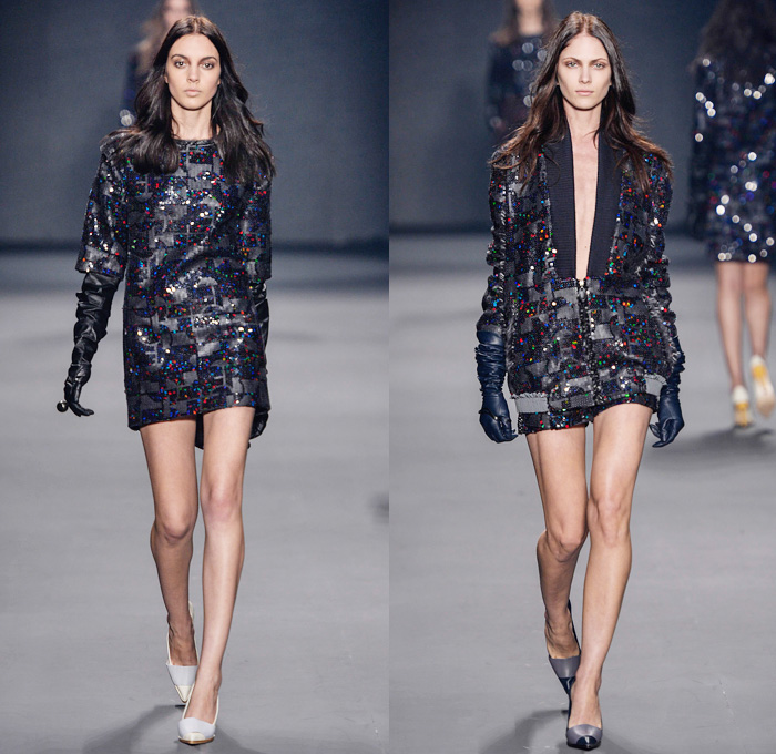 Forum 2014 Winter Womens Runway Collection - São Paulo Fashion Week Brazil - Inverno 2014 Mulheres Desfiles - Cityscape Illustrations Graphic Prints Treated Denim Oversized Outerwear Coats Embellishments Embroidery Dresses