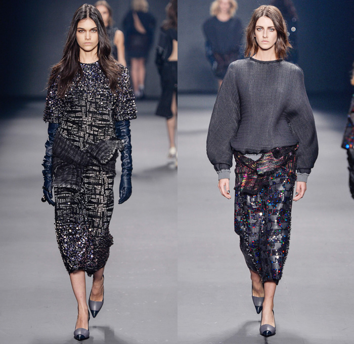 Forum 2014 Winter Womens Runway Collection - São Paulo Fashion Week Brazil - Inverno 2014 Mulheres Desfiles - Cityscape Illustrations Graphic Prints Treated Denim Oversized Outerwear Coats Embellishments Embroidery Dresses