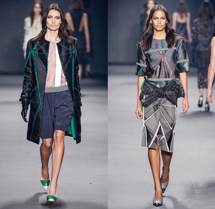 Forum 2014 Winter Womens Runway Collection - São Paulo Fashion Week Brazil - Inverno 2014 Mulheres Desfiles - Cityscape Illustrations Graphic Prints Treated Denim Oversized Outerwear Coats Embellishments Embroidery Dresses