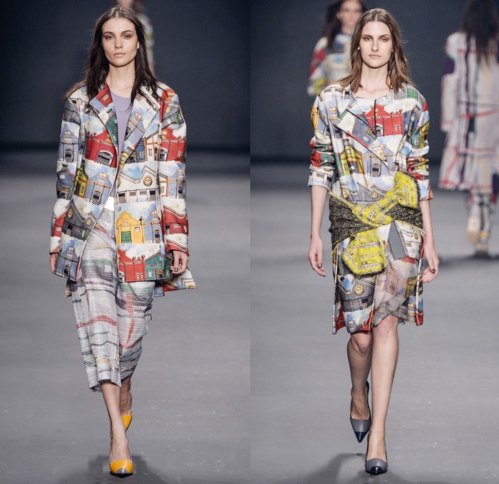 Forum 2014 Winter Womens Runway Collection - São Paulo Fashion Week Brazil - Inverno 2014 Mulheres Desfiles - Cityscape Illustrations Graphic Prints Treated Denim Oversized Outerwear Coats Embellishments Embroidery Dresses