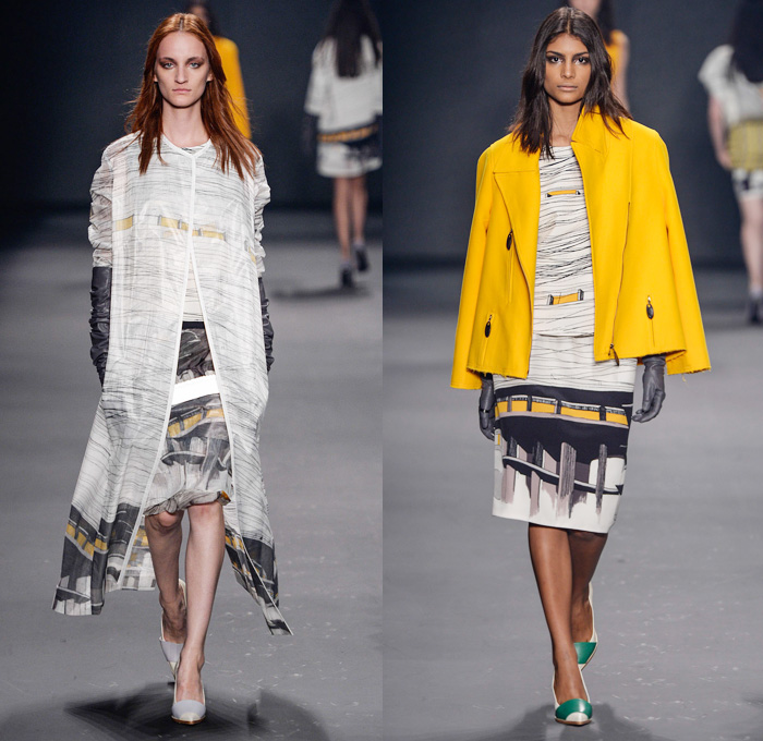 Forum 2014 Winter Womens Runway Collection - São Paulo Fashion Week Brazil - Inverno 2014 Mulheres Desfiles - Cityscape Illustrations Graphic Prints Treated Denim Oversized Outerwear Coats Embellishments Embroidery Dresses