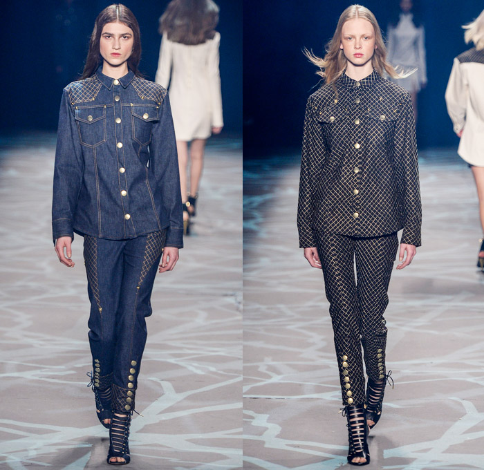 Iódice 2014 Winter Southern Hemisphere Womens Runway Collection - Fashion Rio Brazil Moda Brasileira - Inverno 2014 Mulheres Desfiles Designer Valdemar Iodice - Denim Jeans Windowpane Check Metallic Studs Trucker Jacket Forest Trees Animal Safari Tiger Stripes Feathers Prints Motif Pattern Silk Dévoré