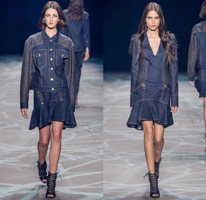 Iódice 2014 Winter Southern Hemisphere Womens Runway Collection - Fashion Rio Brazil Moda Brasileira - Inverno 2014 Mulheres Desfiles Designer Valdemar Iodice - Denim Jeans Windowpane Check Metallic Studs Trucker Jacket Forest Trees Animal Safari Tiger Stripes Feathers Prints Motif Pattern Silk Dévoré