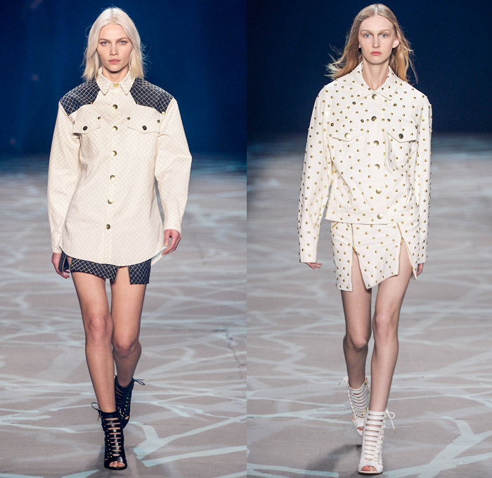 Iódice 2014 Winter Southern Hemisphere Womens Runway Collection - Fashion Rio Brazil Moda Brasileira - Inverno 2014 Mulheres Desfiles Designer Valdemar Iodice - Denim Jeans Windowpane Check Metallic Studs Trucker Jacket Forest Trees Animal Safari Tiger Stripes Feathers Prints Motif Pattern Silk Dévoré