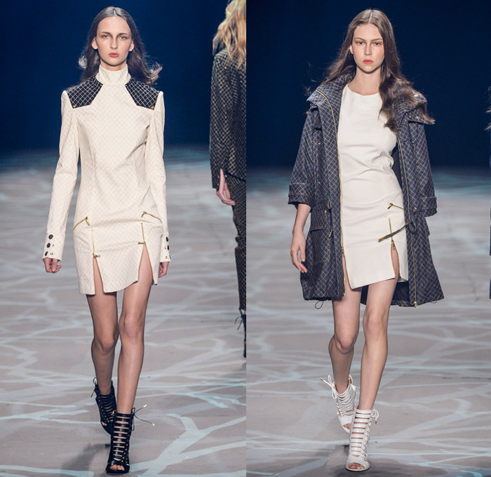 Iódice 2014 Winter Southern Hemisphere Womens Runway Collection - Fashion Rio Brazil Moda Brasileira - Inverno 2014 Mulheres Desfiles Designer Valdemar Iodice - Denim Jeans Windowpane Check Metallic Studs Trucker Jacket Forest Trees Animal Safari Tiger Stripes Feathers Prints Motif Pattern Silk Dévoré