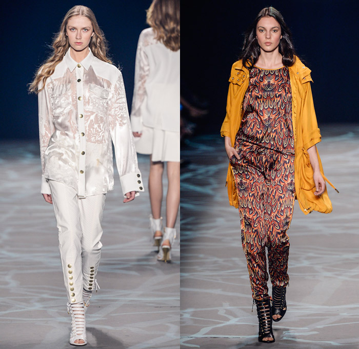 Iódice 2014 Winter Southern Hemisphere Womens Runway Collection - Fashion Rio Brazil Moda Brasileira - Inverno 2014 Mulheres Desfiles Designer Valdemar Iodice - Denim Jeans Windowpane Check Metallic Studs Trucker Jacket Forest Trees Animal Safari Tiger Stripes Feathers Prints Motif Pattern Silk Dévoré