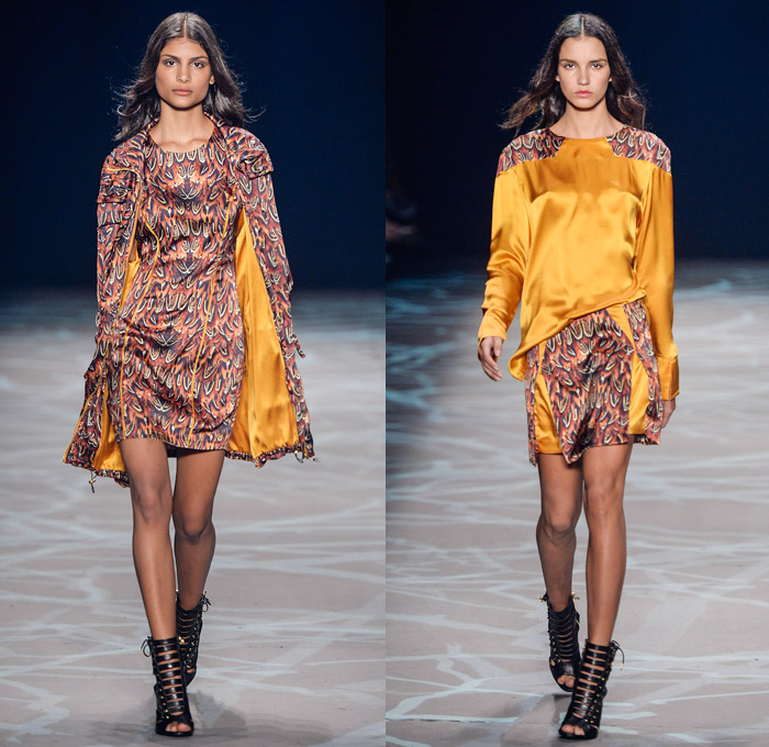 Iódice 2014 Winter Southern Hemisphere Womens Runway Collection - Fashion Rio Brazil Moda Brasileira - Inverno 2014 Mulheres Desfiles Designer Valdemar Iodice - Denim Jeans Windowpane Check Metallic Studs Trucker Jacket Forest Trees Animal Safari Tiger Stripes Feathers Prints Motif Pattern Silk Dévoré