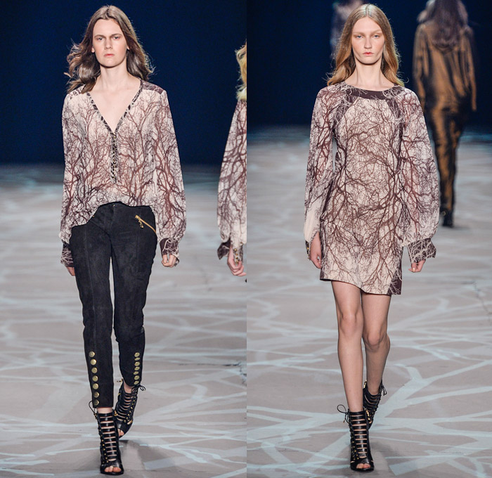Iódice 2014 Winter Southern Hemisphere Womens Runway Collection - Fashion Rio Brazil Moda Brasileira - Inverno 2014 Mulheres Desfiles Designer Valdemar Iodice - Denim Jeans Windowpane Check Metallic Studs Trucker Jacket Forest Trees Animal Safari Tiger Stripes Feathers Prints Motif Pattern Silk Dévoré