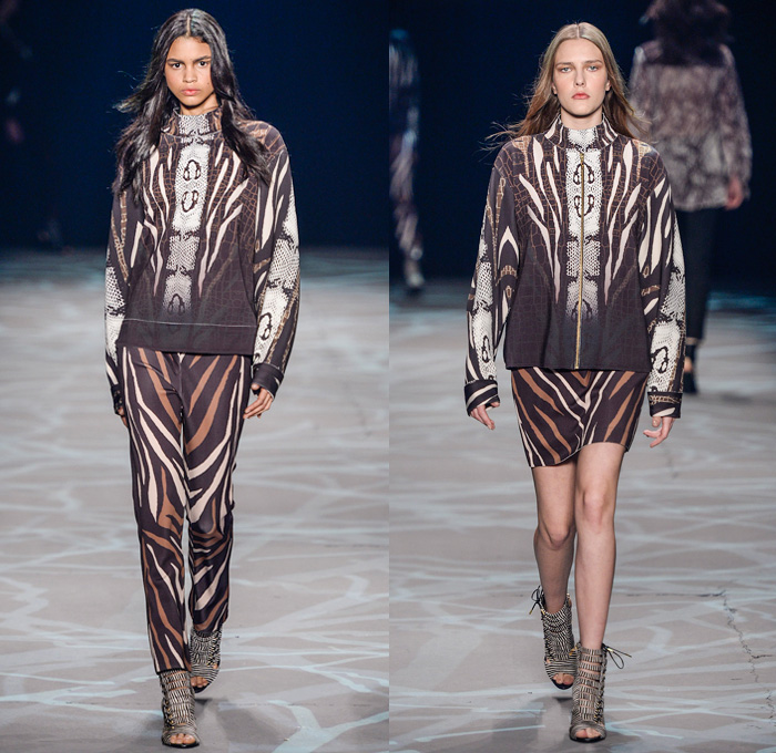 Iódice 2014 Winter Southern Hemisphere Womens Runway Collection - Fashion Rio Brazil Moda Brasileira - Inverno 2014 Mulheres Desfiles Designer Valdemar Iodice - Denim Jeans Windowpane Check Metallic Studs Trucker Jacket Forest Trees Animal Safari Tiger Stripes Feathers Prints Motif Pattern Silk Dévoré