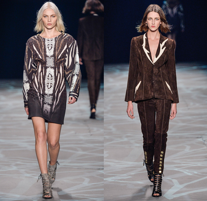 Iódice 2014 Winter Southern Hemisphere Womens Runway Collection - Fashion Rio Brazil Moda Brasileira - Inverno 2014 Mulheres Desfiles Designer Valdemar Iodice - Denim Jeans Windowpane Check Metallic Studs Trucker Jacket Forest Trees Animal Safari Tiger Stripes Feathers Prints Motif Pattern Silk Dévoré