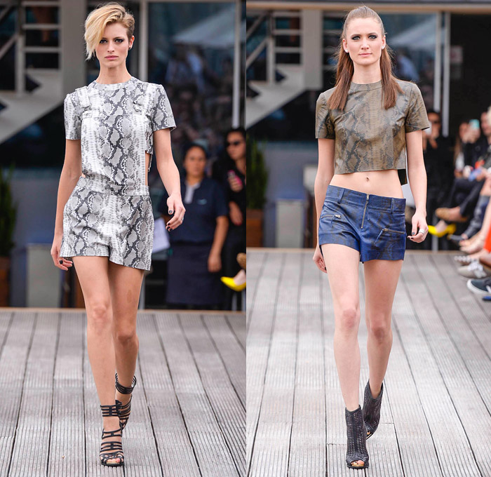 Pat Pat's by Patricia Viera 2014 Winter Womens Runway Collection - São Paulo Fashion Week Brazil - Inverno 2014 Mulheres Desfiles - Rock n Roll Grunge Snake Python Reptile Skin Print Leather Crop Top Midriff Bandeau Fringes Shorts Slashed Jeans Metallic Gold Silver