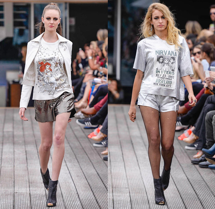 Pat Pat's by Patricia Viera 2014 Winter Womens Runway Collection - São Paulo Fashion Week Brazil - Inverno 2014 Mulheres Desfiles - Rock n Roll Grunge Snake Python Reptile Skin Print Leather Crop Top Midriff Bandeau Fringes Shorts Slashed Jeans Metallic Gold Silver